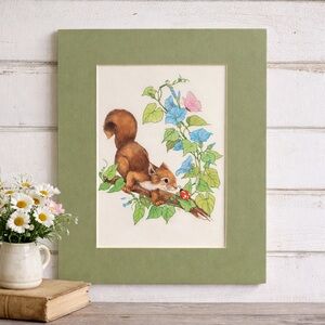 Vintage Squirrel Art Print with Green Mat